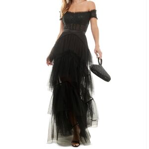 City Studio Black Off-The-Shoulder Tiered Mesh Gown Dress